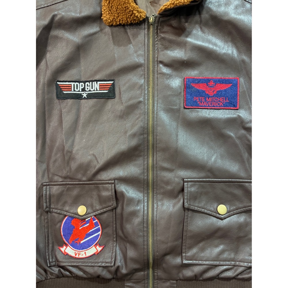 Top Gun Maverick Flight Jacket Mens Large Brown Faux Leather Sherpa Bomber Patch - Picture 6 of 9